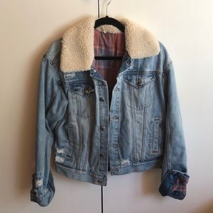 free people plaid lined sherpa trucker jacket